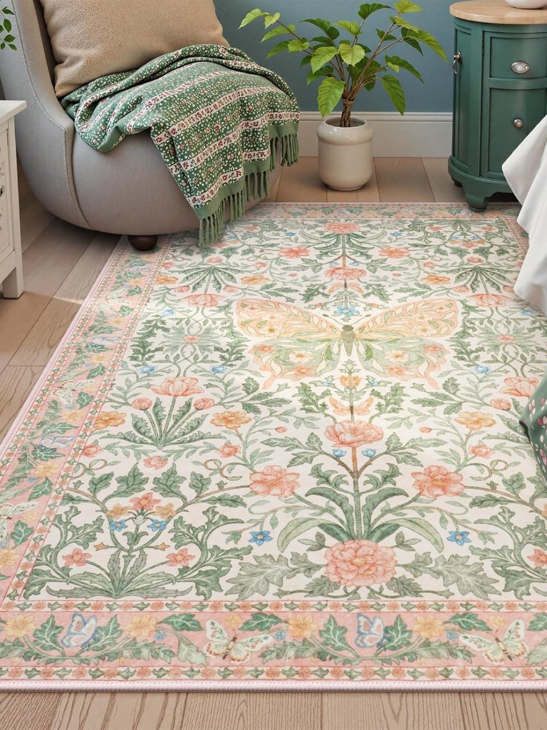 Pink 5x7 Butterfly Area Rug, Vintage Floral Rug For Girls Bedroom Washable Non S